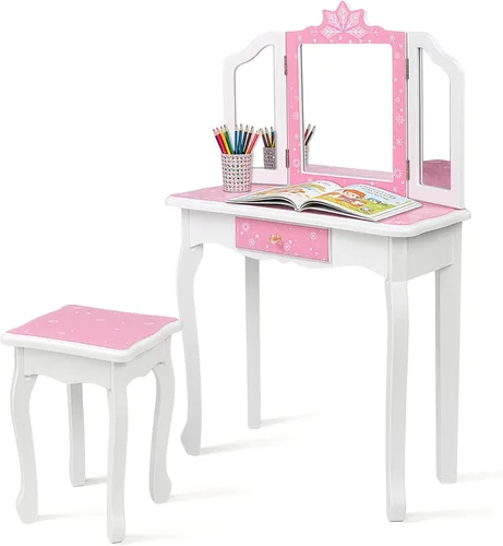 Vista 10 de Juego de tocador para niños Vasitelan, juego de mesa y silla para niñas, con espejo y taburete, mesa de maquillaje y cambiador princesa con cajón B