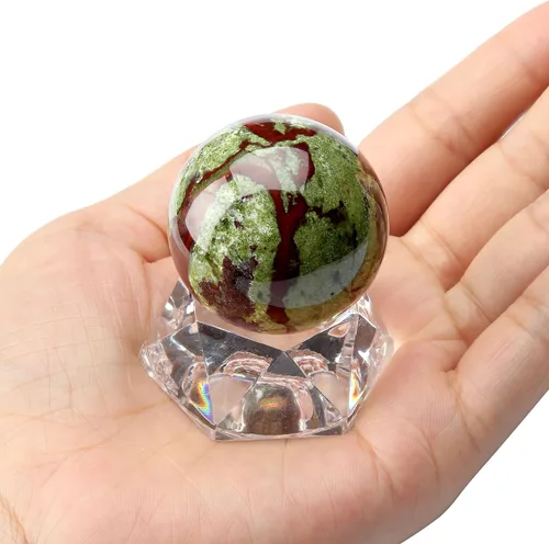 Vista 2 de Jovivi Figura de escultura de esfera de adivinación natural de 1.575 in de jaspe de sangre de dragón natural con soporte acrílico