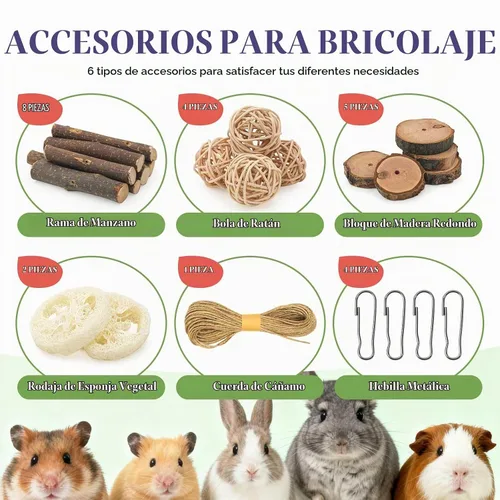 Vista 2 de Juguetes de conejo, 30 piezas de juguetes para masticar conejos, kit para dientes, conejillo de indias, golosinas naturales de heno Timothy