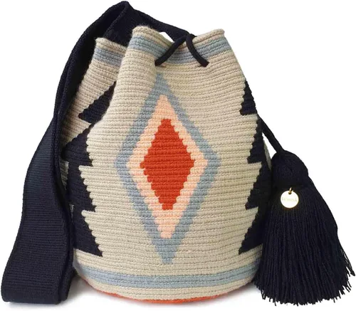 Vista 8 de Bolso clásico WAYUU auténtico, mochila de Colombia, bandolera mediana de ganchillo, bolso mediano hecho a mano, bolsa de cubo. Geisha