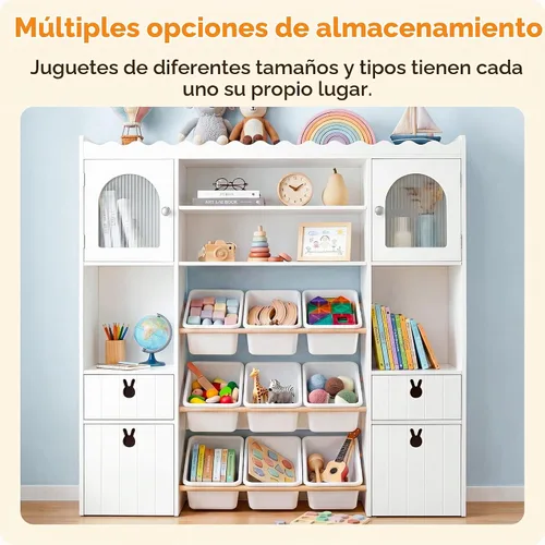 Vista 6 de Organizador de almacenamiento de juguetes para niños de 46.46 pulgadas de alto, baúl de juguetes con estante para libros, cubos de almacenamiento