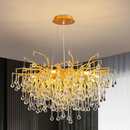 Vista 14 de Candelabro Rectangular Moderno de Ramas de Árbol de Cristal, L40'' Plata Lineal Art Deco Gota de Lluvia Lámpara Colgante Interior para Isla