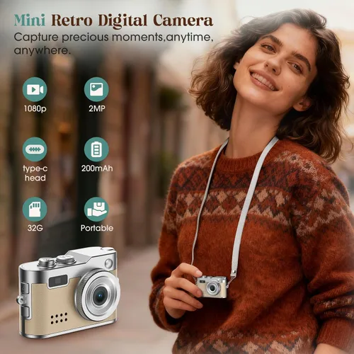 Vista 2 de Cámara Digital Mini HOTU, Cámara Llavero 1080P HD con Lente de 2MP, Flash, Grabación de Vídeo, Tarjeta de 32G Incluida, Cámara Retro Portátil y Beige