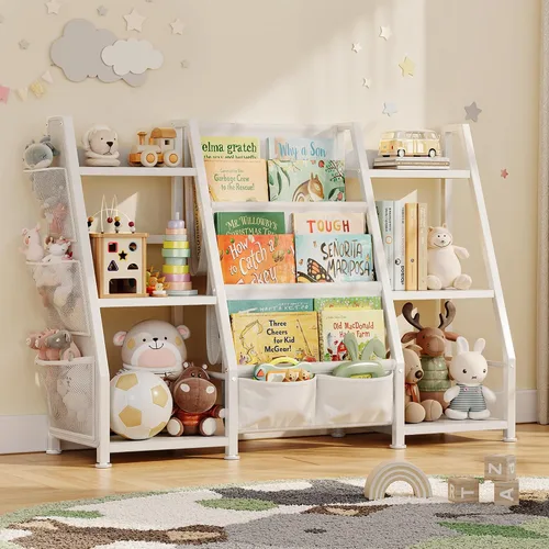 Vista 10 de Estantería infantil y organizador de almacenamiento de juguetes: estante para libros para habitación de niños con cajón para almacenar libros