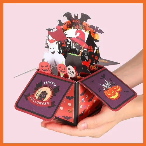Vista 5 de Tarjeta de caja desplegable de Halloween, 3D de casa encantada, fantasma, calabaza, tarjetas para fiesta de Halloween con sobres, etiqueta de notas