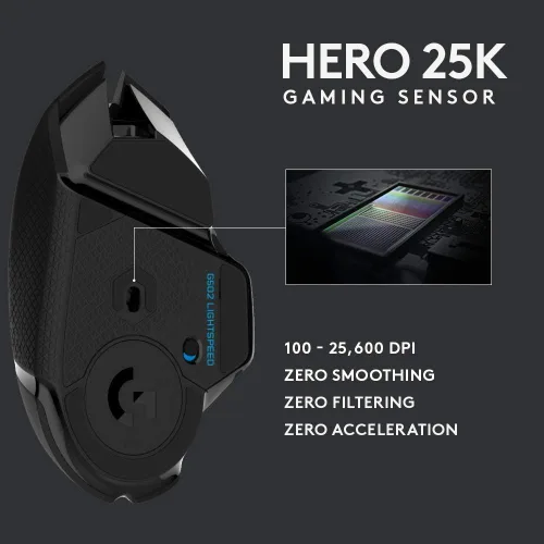 Vista 3 de Logitech G Mouse inalámbrico para juegos 502 Lightspeed con sensor HERO 16K, compatible con PowerPlay, pesas sintonizables y RGB Lightsync - Negro
