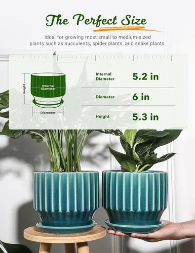 Vista 2 de AISBUGUR Macetas de cerámica de 6 pulgadas para plantas de interior, juego de 2 macetas de diseño único de esmalte agrietado con orificio de drenaje
