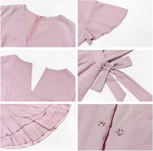 Vista 4 de GAOVOT Vestido sexy con cuello en V para mujer, con volantes, manga corta, lazo en la cintura, casual, acampanado, con vuelo, escalonado