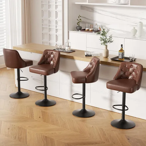 Vista 28 de Juego de 2 taburetes de bar, taburete de bar ajustable con respaldo, sillas de bar tapizadas de piel sintética, taburetes de bar giratorios modernos