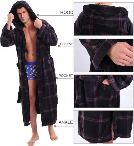Vista 4 de KEMUSI Bata de baño de longitud completa suave con capucha para hombre, cómodo camisón cálido de longitud completa