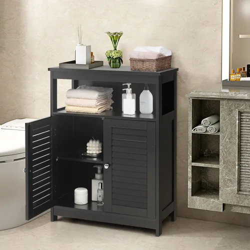 Vista 4 de COSTWAY Armario de almacenamiento para baño, organizador de almacenamiento lateral de madera con puertas de rejilla y estante extraíble, gabinete