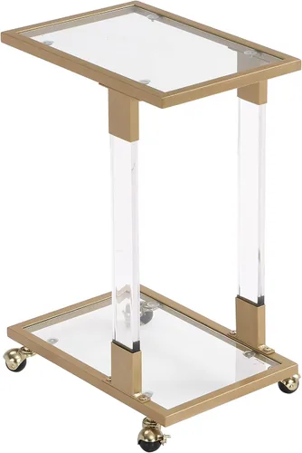 Vista 7 de Mesa auxiliar dorada para sofá con forma de C, mesa de centro de acrílico móvil con ruedas pequeñas de cristal con estantes de 2 niveles