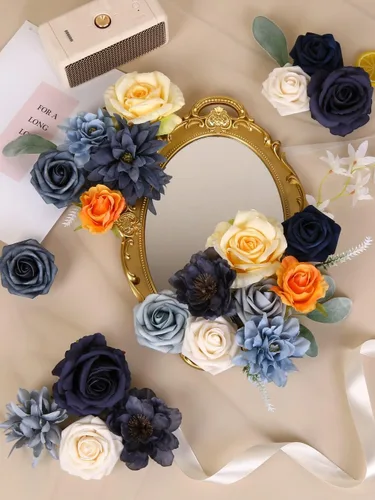 Vista 2 de Caja de flores artificiales azul marino, rosas de dalias de seda con tallos para manualidades, ramos de boda, centros de mesa, arreglos, decoración