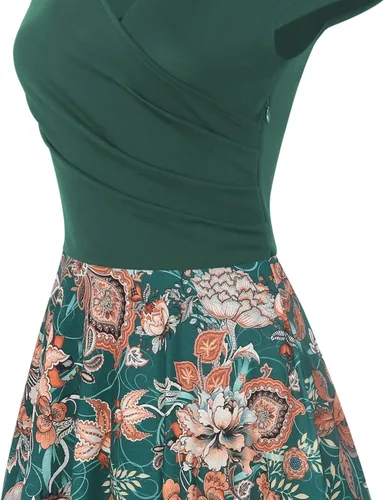 Vista 4 de oxiuly - Vestido casual para mujer con cuello en V, cruzado y con estampado floral, vestido de verano, por debajo de la rodilla, OX233