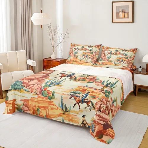 Vista 23 de Juego de sábanas para niños estilo vaquero occidental tamaño individual, juego de ropa de cama con diseño geométrico de cactus, decoración