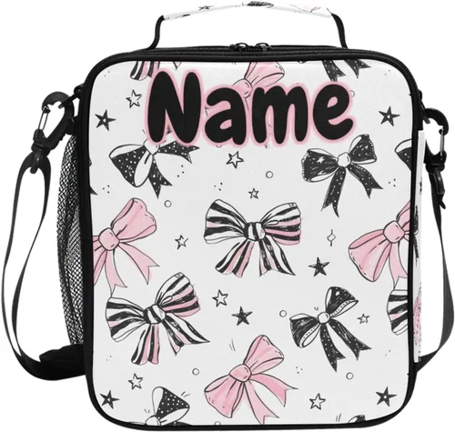 Vista 69 de Lonchera con patrón de cuadros blancos y negros, bolsa de almuerzo aislada, bolsa de preparación para niños, correa de hombro congelable a001