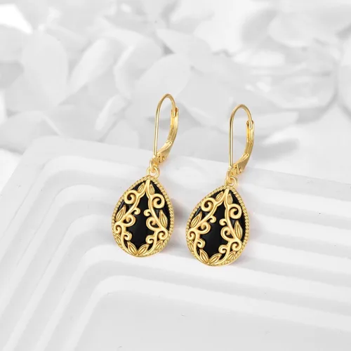 Vista 3 de Aretes de ónix negro de plata de ley chapados en oro amarillo de 18 quilates con filigrana bohemia, aretes colgantes de joyería para mujeres y niñas