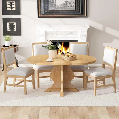 Vista 19 de VilroCaz Juego de comedor funcional retro de 5 piezas, mesa de comedor extensible de madera maciza con una hoja de 16 pulgadas y 4 sillas tapizadas