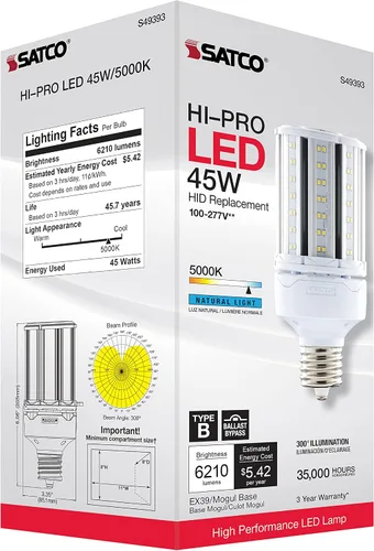 Vista 9 de Satco S49393 Bombilla LED de mazorca de maíz, base extendida Mogul, 45 W, clasificación de 35000 horas, 6210 L, luz natural