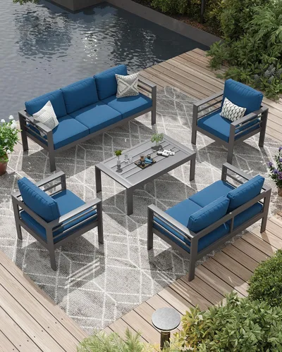 Vista 10 de AECOJOY Juego de muebles de patio de aluminio, muebles modernos de exterior de 5 asientos con mesa auxiliar, 4 piezas de sofá seccional