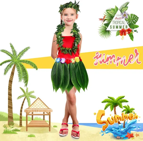 Vista 5 de 6 piezas de disfraz hawaiano de luau para mujer, incluye falda hula, top de flores, collar y pulsera para Halloween, niños y niñas, cosplay
