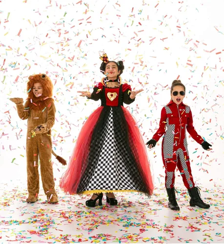Vista 5 de Disfraz de Reina de Corazones para niñas, disfraz real negro y rojo para disfraz de Halloween