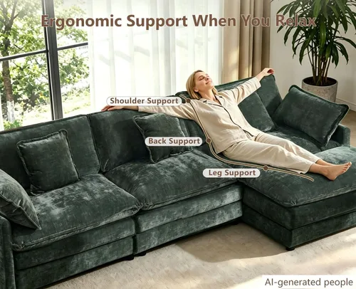 Vista 7 de Sofá modular modular de felpilla de asiento profundo, sofá en forma de L con almohadas y otomana móvil, cómodos sofás seccionales de nube de 3 Verde