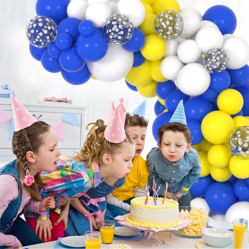 Vista 4 de Kit de arco de guirnalda de globos azules, amarillos y blancos, 116 globos de confeti azul real, amarillo, blanco, plateado, para cumpleaños, novia