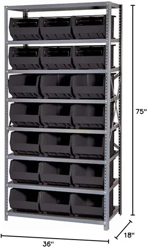 Vista 295 de Quantum QSBU-245BK Heavy Duty Shelving Unit with (7) Shelves and (24) QUS245 Black Bins for Garage Warehouse Storage Distribution 400 lb Load