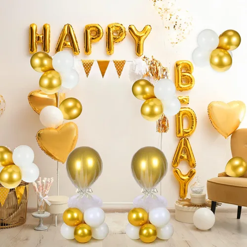 Vista 5 de BBTO Juego de 8 centros de mesa con soporte para globos, kit de 80 globos de látex y soporte de mesa con base de tul para boda, cumpleaños, baby Oro