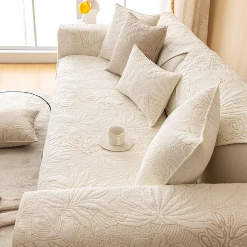 Vista 5 de vctops Funda para sofá de algodón con bordado de hojas, antideslizante, acolchada, para sofá modular, con patrón de plantas tropicales, color liso
