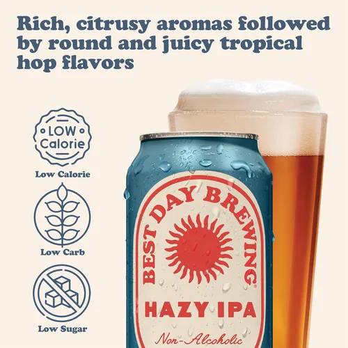 Vista 3 de Best Day Brewing Cerveza artesanal sin alcohol, Hazy IPA, paquete de 12, baja en carbohidratos y baja en calorías NA Hazy IPA, sabor a fruta