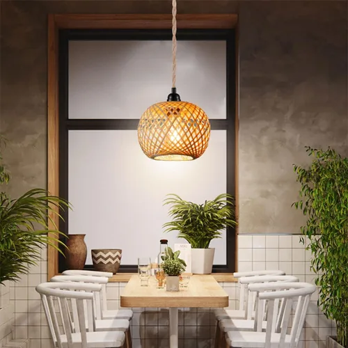 Vista 7 de Lámpara colgante de mimbre con enchufe bohemio 15ft Hemp Rope Cord, MINI Bamboo Lampshade, Wall Lighting Swag Lamp, for Kitchen Island Farmhouse