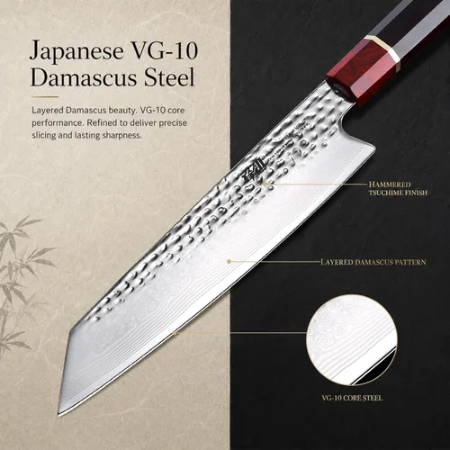 Vista 8 de FINDKING Cuchillo Kiritsuke Serie Prestige con Funda de Nogal, Hoja de Acero Damasco VG10 Japonés, Mango Octagonal de Madera de Ébano, Cuchillo