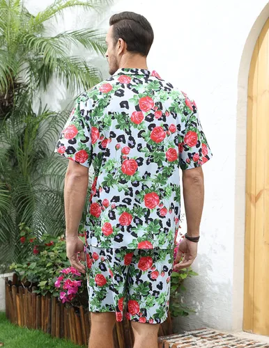 Vista 2 de LUCKYOUNG Conjunto de camisa hawaiana y pantalón corto para hombre, 2 piezas, camisa de manga corta con botones, trajes de vacaciones en la playa