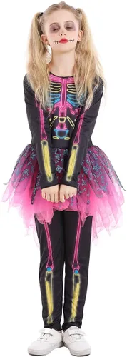 Vista 4 de Seasons Disfraces de Halloween para niñas, disfraces de esqueleto brillante de neón