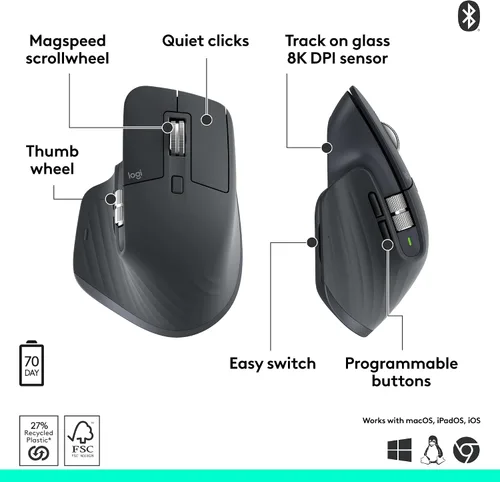 Vista 6 de Logitech MX Master 3S Ratón inalámbrico Bluetooth sin receptor, grafito