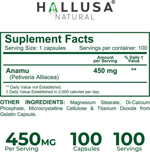 Vista 7 de Hallusa Natural Raíz de Anamu 450 mg - Petiveria Allicea - Anamu Cápsulas Orgánicas - Sistema Inmunológico y Energía - 100 Cápsulas