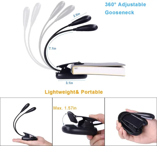 Vista 4 de Lámpara recargable con soporte para música, luz de lectura con clip, lámpara de libro de 8 LED, 3 niveles de brillo para protección ocular, perfecta