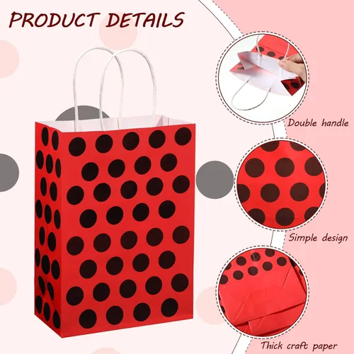 Vista 3 de Gersoniel Paquete de 16 bolsas de regalo para fiesta de mariquita, bolsas de dulces con asas, lunares rojos y negros, suministros de fiesta
