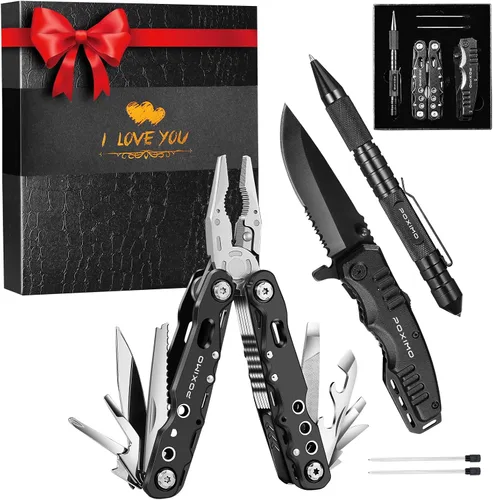 Vista 13 de Juego de regalo multiherramienta para hombres, para papá, él, kit de supervivencia EDC 3 en 1 con alicates múltiples 14 en 1, cuchillo de bolsillo