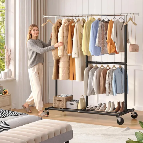 Vista 2 de Raybee Perchero para Ropa Resistente 200+LBS, Percheros para Colgar Ropa, Perchero de Metal con Ruedas, Perchero Comercial para Prendas Rodante Negro