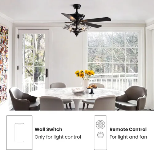 Vista 4 de Moderno ventilador de techo de cristal con control remoto para dormitorio, sala de estar (negro, 2, 50 pulgadas)