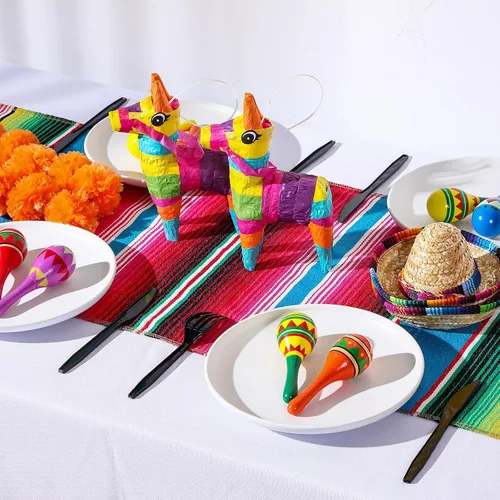 Vista 5 de Libima 26 decoraciones de fiesta mexicanas incluyen 6 burros, 12 maracas grandes para fiestas, 2 caminos de mesa de serape, 6 sombreros