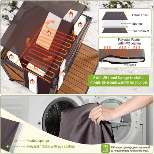 Vista 7 de Casa para perros con calefacción para perros al aire libre con forro aislante para invierno, jaula impermeable de 34 pulgadas para perros pequeños