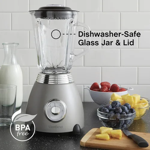 Vista 5 de West Bend Licuadora de estilo retro de 3 velocidades con tarro de mezcla de vidrio de 48 oz y hoja de acero inoxidable, 500 vatios, gris