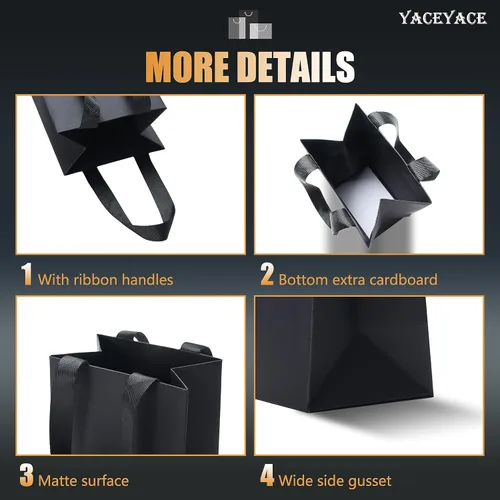 Vista 4 de Bolsas de regalo negras con asas, 10 bolsas de papel kraft de 5.25 x 3.75 x 8 pulgadas para bodas, fiestas, negocios, venta al por menor Negro