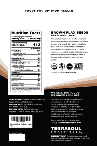 Vista 2 de Terrasoul Superfoods Semillas de lino marrón orgánicas, 2 libras