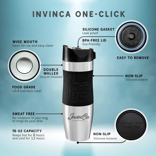 Vista 6 de INVINCEA - Vaso térmico de acero inoxidable aislado al vacío de 16 onzas, taza de viaje para café de doble pared, reutilizable, a prueba