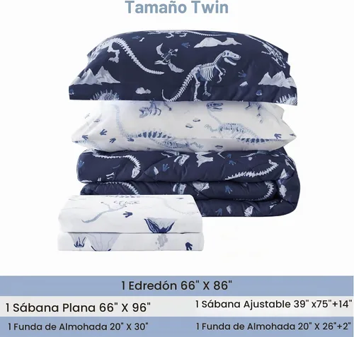 Vista 7 de PPOLCA Juego de edredón de dinosaurio azul tamaño individual para niños, ropa de cama de 5 piezas con sábanas y funda de almohada, súper suave